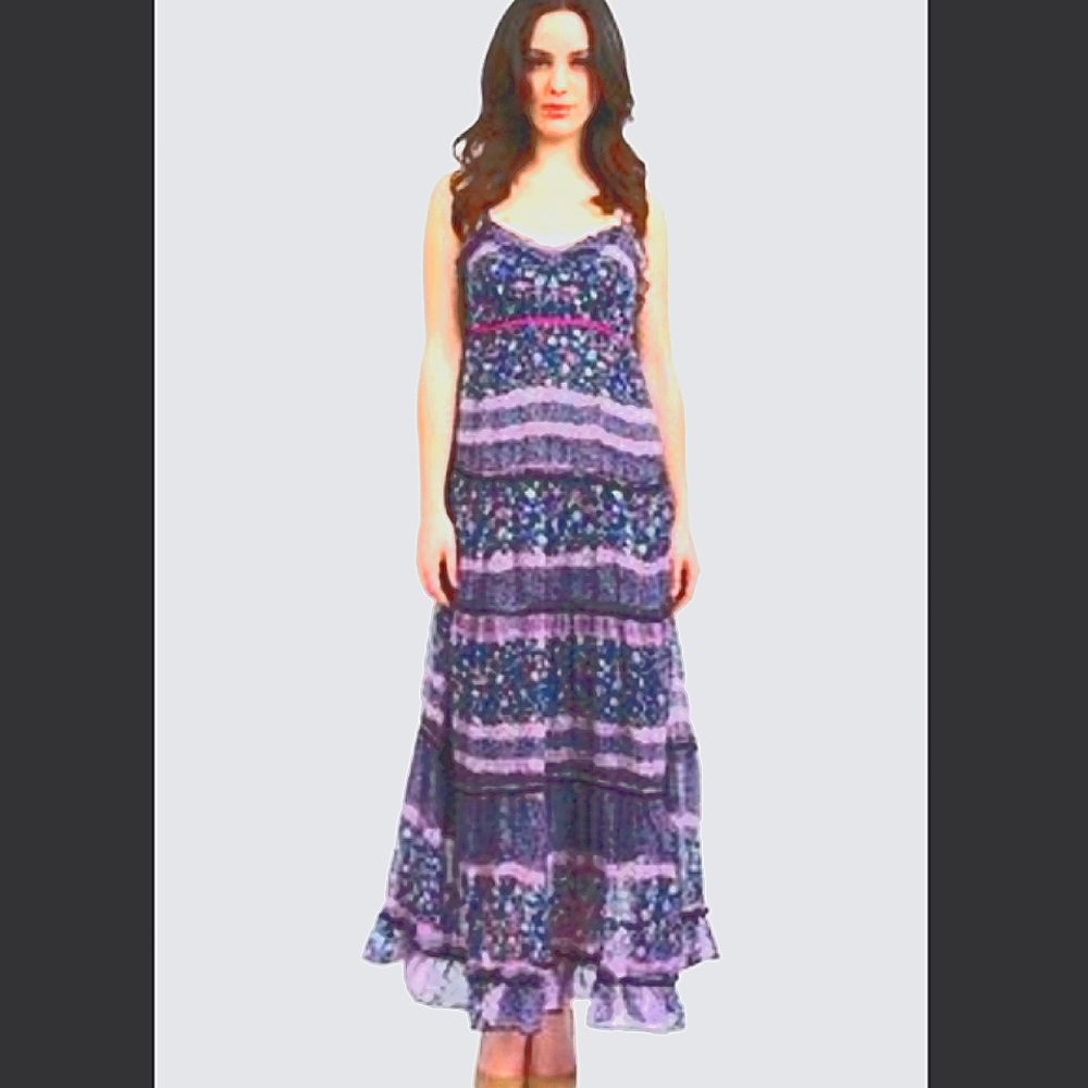 💜🫐 Patrons of Peace Floral Tiered boho Maxi Dress FP Band of Gypsies S 💜💐